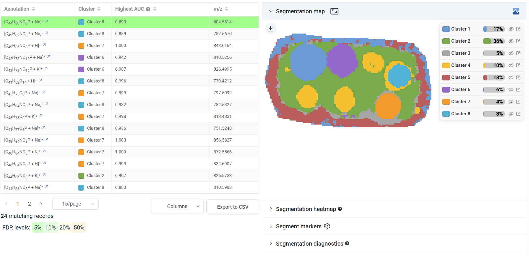 Spatial segmentation results page